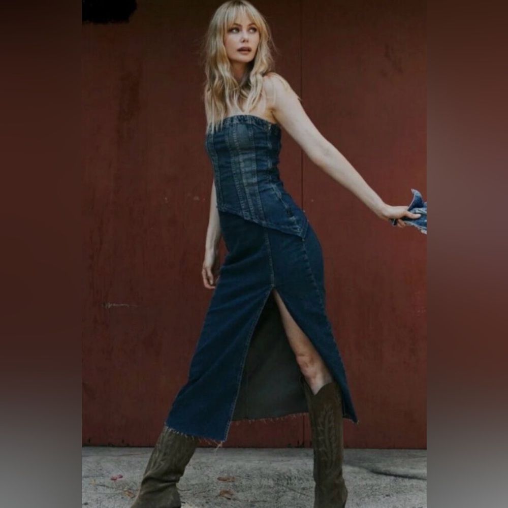 Zara NWT Distressed Navy Denim Strapless Midi Dress w/ Side Slit (Size XS) - Picture 4 of 9